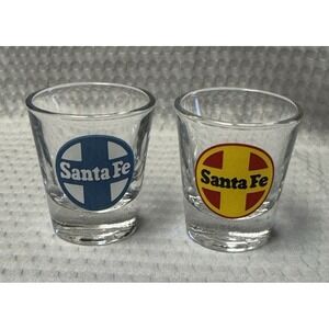 2 Santa Fe Logo RR Shot Glasses- White/Blue Cross, Red/yellow Cross Railroad